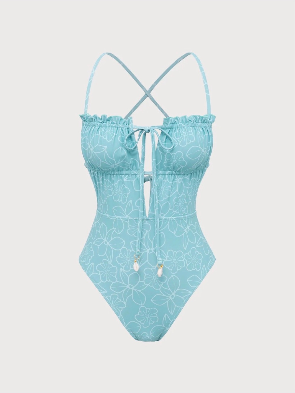 Light Blue Floral Ruffle One-Piece Swimsuit with Tie Front